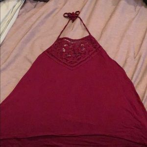 Maroon halter top with lace neckline